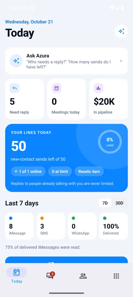 iBlueText app Today screen: replies waiting, pipeline value and delivery stats