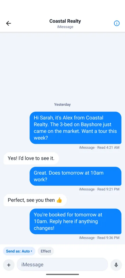 iBlueText app conversation screen with blue iMessage bubbles and read receipts