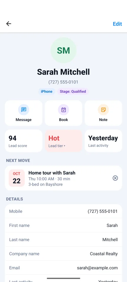 Contact card with lead score and next appointment
