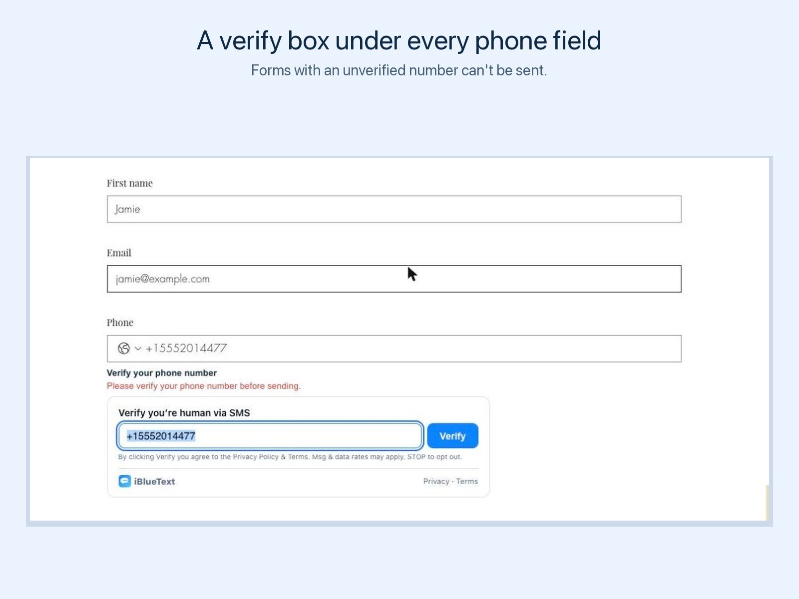 A verify box under the phone field on a Wix contact form